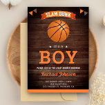 Rustic Barn Wood Sports Boy Basketball Baby Shower Inbjudningar<br><div class="desc">Förbluffa dina gäster med den här coolan basketbollens tema babydusch i inbjudan med modern typografi mot en strålande lada-bakgrund. Lägg bara till din händelseinformation i den här mallen som är enkel att använda för att göra den till en inbjudan av typen en. Vänd kortet över för att visa en orange...</div>