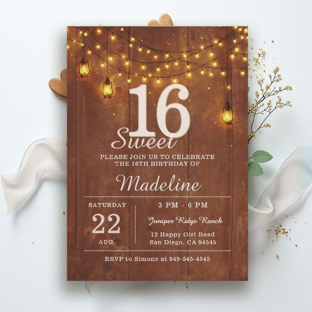 Rustic Barn Wood String Lights Lanterns Sweet 16 Inbjudningar (rustic sweet 16 birthday party invitation string lights barn wood lanterns brown gold outdoors )