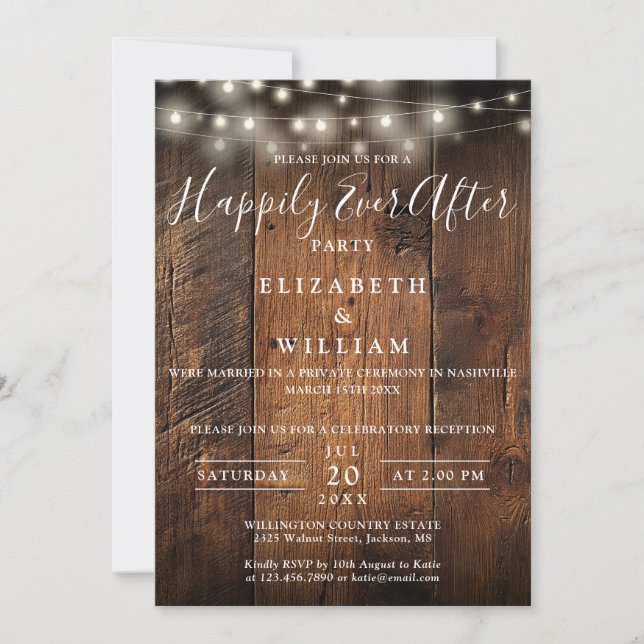 Rustic Barn Wood String Lights Wedding Reception Inbjudningar (Framsida)