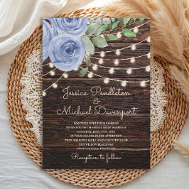 Rustic Barn Wood String Ljus Blue Blommigt Bröllop Inbjudningar