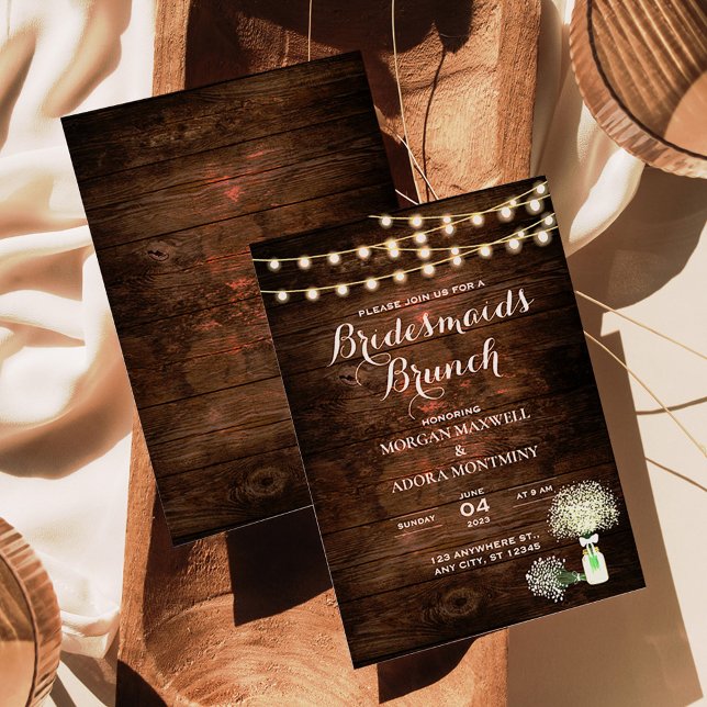 Rustic Barn Wood String Ljus Bridesmaids Brunch Inbjudningar (Skapare uppladdad)