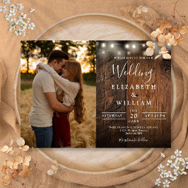 Rustic Barn Wood String Ljus Bröllop Photo Inbjudningar