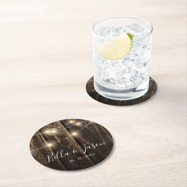 Rustic Barn Wood String Ljus Bröllopsfest Underlägg Papper Rund (Insitu)