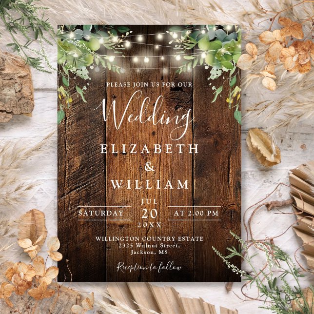 Rustic Barn Wood String Ljus Greenery Bröllop Inbjudningar (Rustic Barn Wood String Lights Greenery Wedding Invitation)