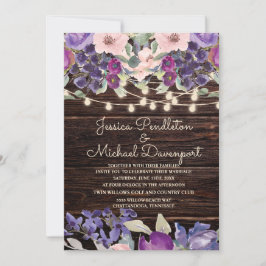 Rustic Barn Wood String Ljus Lila Rosa Blommigt Inbjudningar