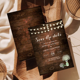 Rustic Barn Wood String Ljus Mason Burk Bröllop Spara Datumet
