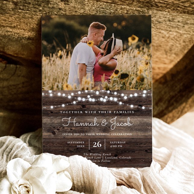 Rustic Barn Wood String Ljus Photo Bröllop Inbjudningar (Rustic Wood String Lights Photo Wedding Invitations)