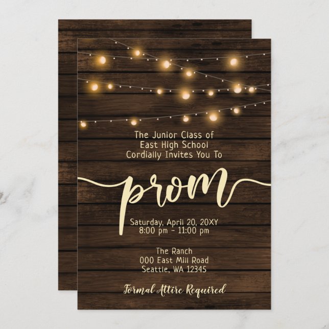 Rustic Barn Wood String ljus Prom Inbjudningar (Fram/baksida)