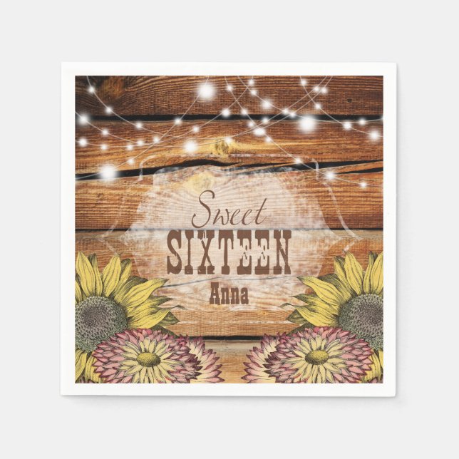 Rustic Barn Wood String Ljus Solblommor Pappersservett (Framsidan)