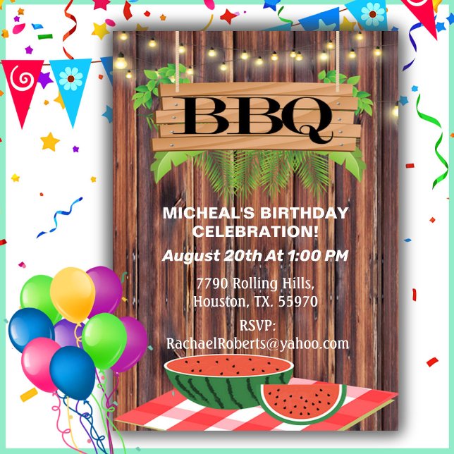 Rustic, Barn Wood, Stringlight, BBQ Birthday Inv Inbjudningar (Skapare uppladdad)