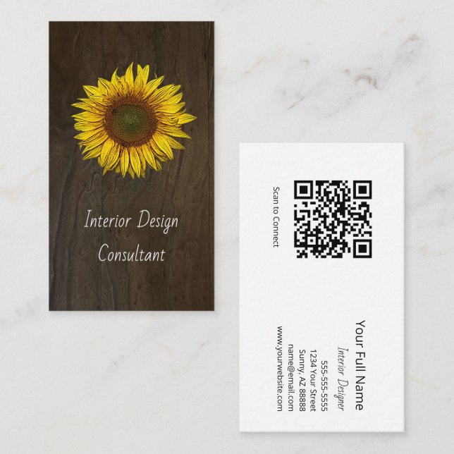 Rustic Barn Wood Sunflower Designer QR code  Visitkort (Fram/baksida)