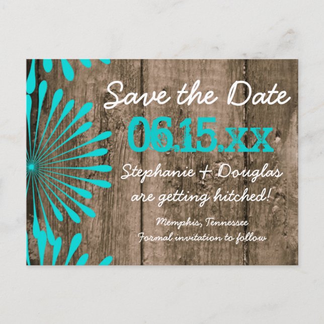 Rustic Barn Wood Teal Save Date Postcards Meddelande Vykort (Framsida)