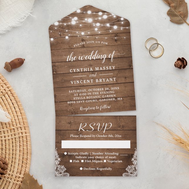 Rustic Barn Wood Twinkle Ljus Bröllop (The detachable RSVP card ensures quick and convenient guest responses.)