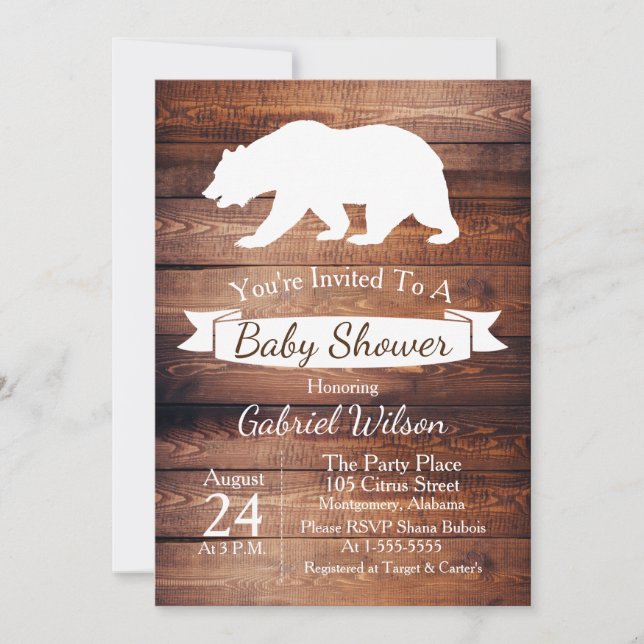 Rustic Barn Wood & White Bear Baby Shower Inbjudningar (Framsida)