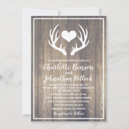 Rustic Barn Wood & White Hjort Antlers Bröllop Inbjudningar
