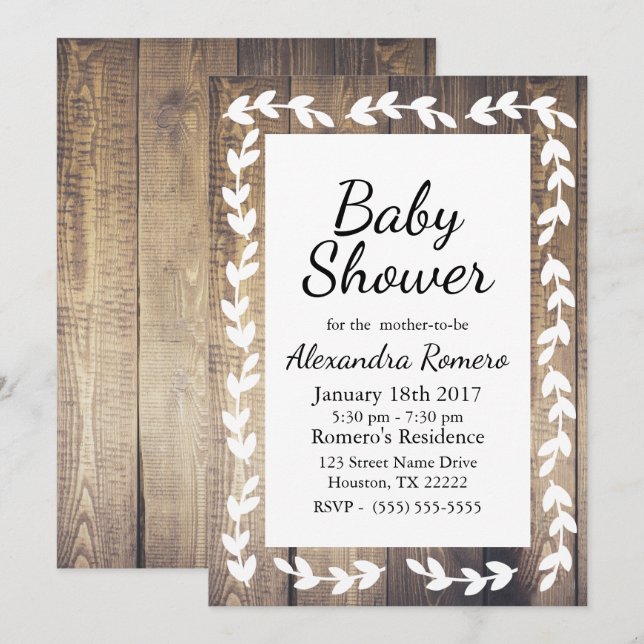 Rustic Barn Wood White Land Laurel Baby Shower Inbjudningar (Fram/baksida)
