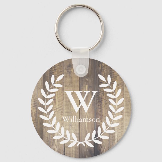Rustic Barn Wood & White Land Laurels Monogram Nyckelring (Framsida)