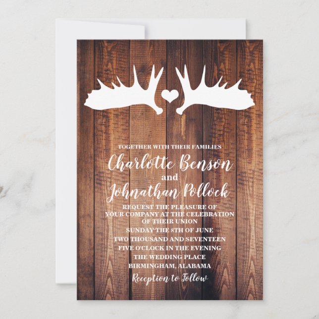 Rustic Barn Wood & White Moose Antlers Bröllop Inbjudningar (Framsida)