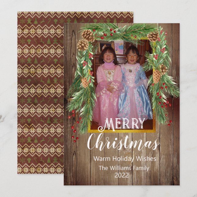 Rustic Barnboard, Gräs Garland, fotojul Kort (Fram/baksida)