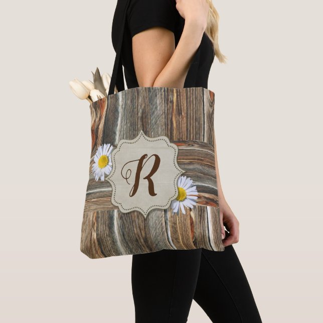 Rustic Barnwood and Daisys (ANPASSNINGSBAR INITIAL Tygkasse (Närbild)