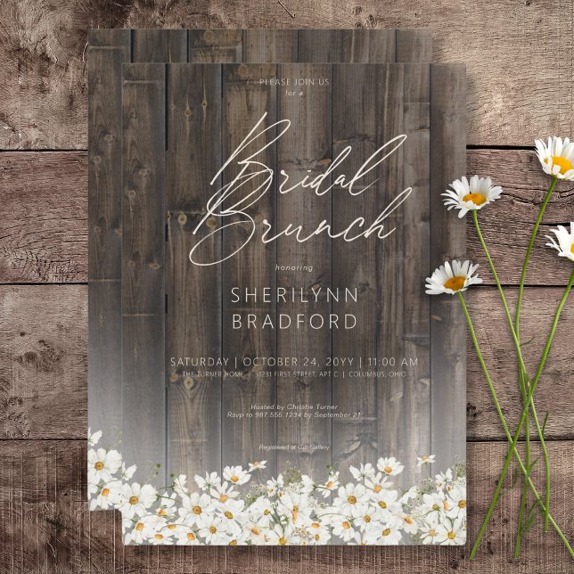 Rustic Barnwood & Daisys Möhippa Brunch Inbjudningar (Rustic Barnwood & Daisies Bridal Brunch Invitation)