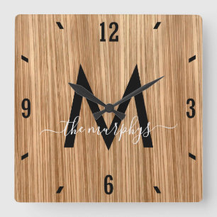 Rustic Barnwood Farmhouse Monogram Fyrkantig Klocka