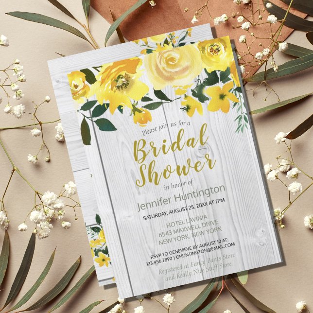 Rustic Barnwood Gult Blommigt Möhippa Inbjudningar (Rustic Barnwood Yellow Floral Bridal Shower Invitation
)