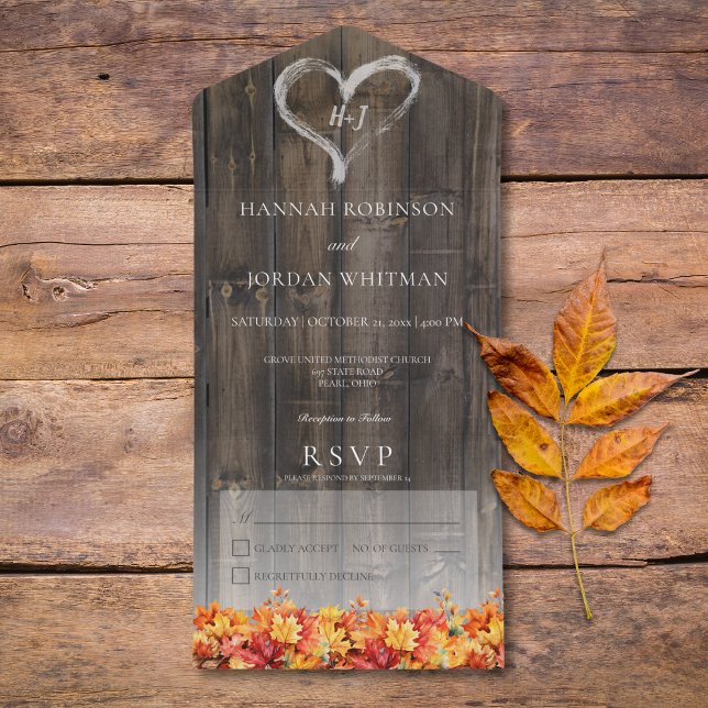 Rustic Barnwood & Höst löv No Midinner (Rustic Barnwood & Fall Leaves All In One Wedding Invitation without Dinner Options)