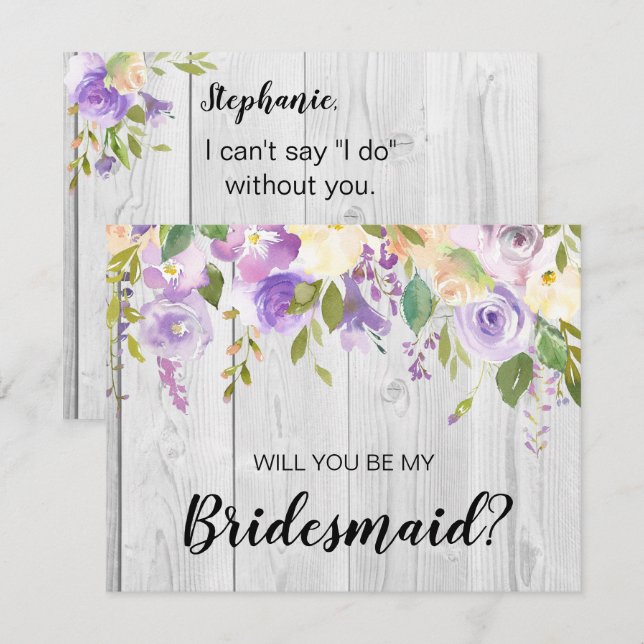 Rustic Barnwood Lila Blommigt Bridesmaid Frieri Inbjudningar (Fram/baksida)
