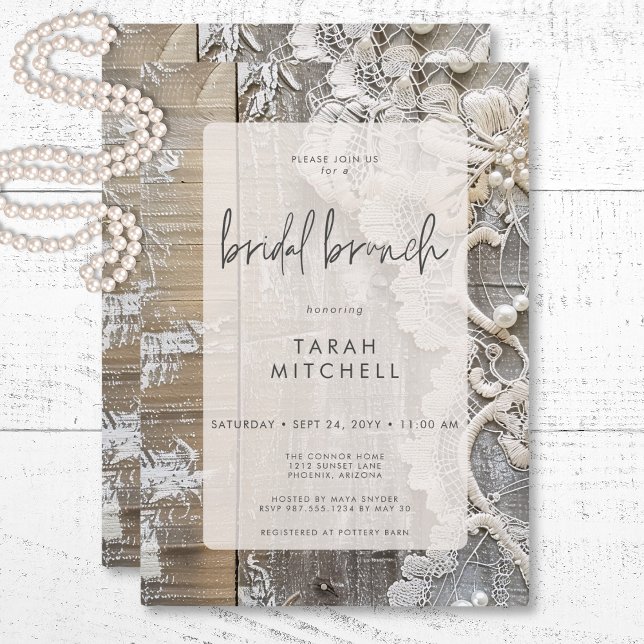 Rustic Barnwood & Möhippa Snöre Möhippa Brunch Inbjudningar (Rustic Barnwood & Bridal Lace Bridal Brunch Invitation)