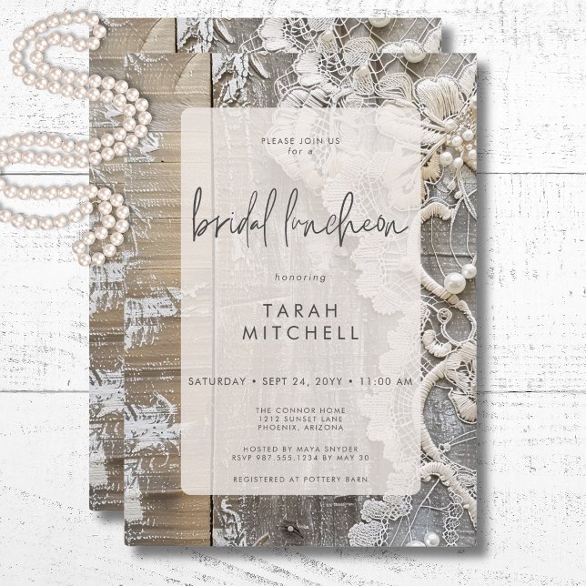 Rustic Barnwood & Möhippa Snöre Möhippa Luncheon Inbjudningar (Rustic Barnwood & Bridal Lace Bridal Luncheon Invitation)