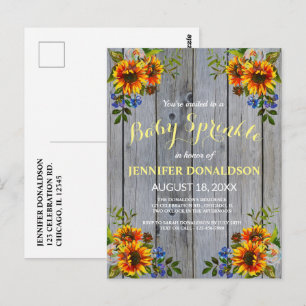 Rustic Barnwood Solros Baby Sprinkle-inbjudan Vykort