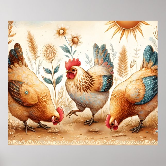 Rustic Barnyard Chickens Boho Land Farm Poster (Framsidan)