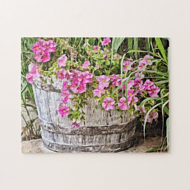 Rustic Barrel of Rosa Pansy Flowers Puzzle Pussel (Horisontell)