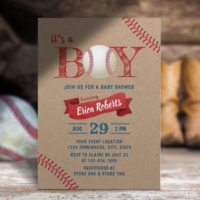 Rustic Baseball Boy idrottar Theme Kraft Baby Show Inbjudningar (Skapare uppladdad)