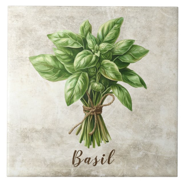 Rustic Basil Herb Spice Faux Ceramic Tile Kakelplatta (Framsidan)