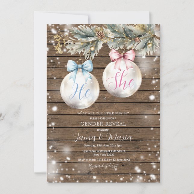 Rustic Bauble Blue Pink Christmas Gender Reveal Inbjudningar (Framsida)