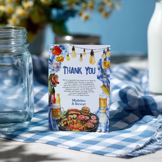 Rustic BBQ, sommarblått Baby-Q Shower Tack Kort (Rustic BBQ Summer Blue Plaid Baby-Q Shower Thank You Card)