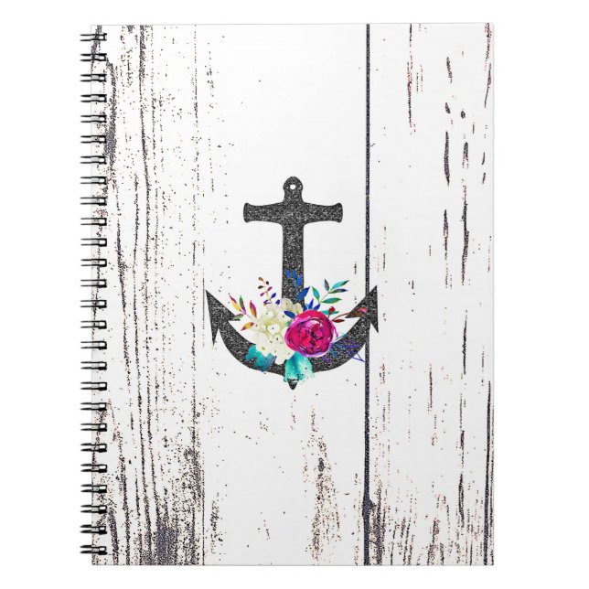 Rustic Beach Anchor & Bold Blommigt Sommarfartyg Anteckningsbok (Framsidan)