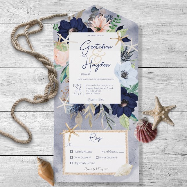 Rustic Beach Blue Nautical Middag (Also available with a QR code or without dinner selection options.)