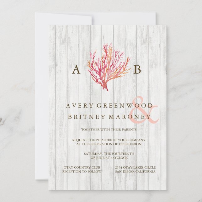 RUSTIC BEACH CORAL WOOD WEDING INVITATION INBJUDNINGAR (Framsida)