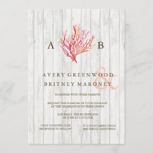 RUSTIC BEACH CORAL WOOD WEDING INVITATION INBJUDNINGAR