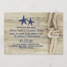 Rustic Beach Driftwood Nautical Rope Navy Bröllop Inbjudningar