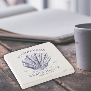 Rustic Beach House Family Namn Nautical Blå Stenunderlägg