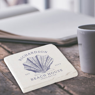 Rustic Beach House Family Namn Nautical | Blå Stenunderlägg