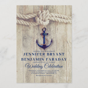 Rustic Beach - Nautical Navy Anchor Bröllop Inbjudningar