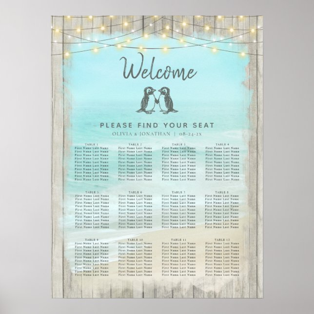 Rustic Beach Penguins Bröllop Sittdiagram Poster (Framsidan)