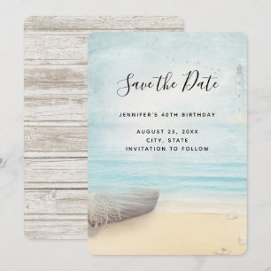 Rustic Beach Scene med Boat & Lighthouse Spara Datumet
