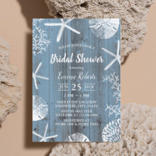 Rustic Beach Seashells Dusty Blue Möhippa Inbjudningar