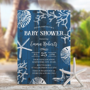 Rustic Beach Seashells Navy Blue Baby Shower Inbjudningar